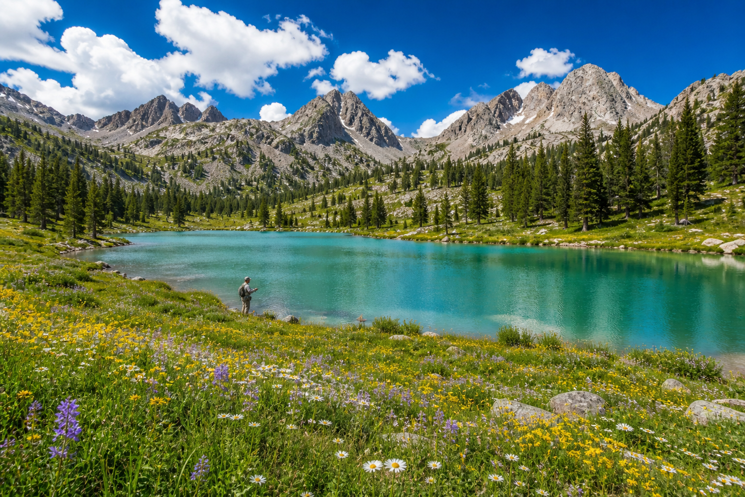 Colorado reservoir shoreline with a fly angler and high mountain ridgeline