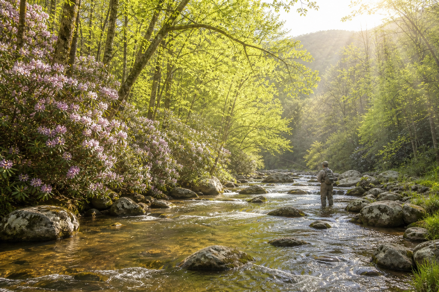 Georgia mountain trout stream with rhododendron, hardwood forest, and a bank angler