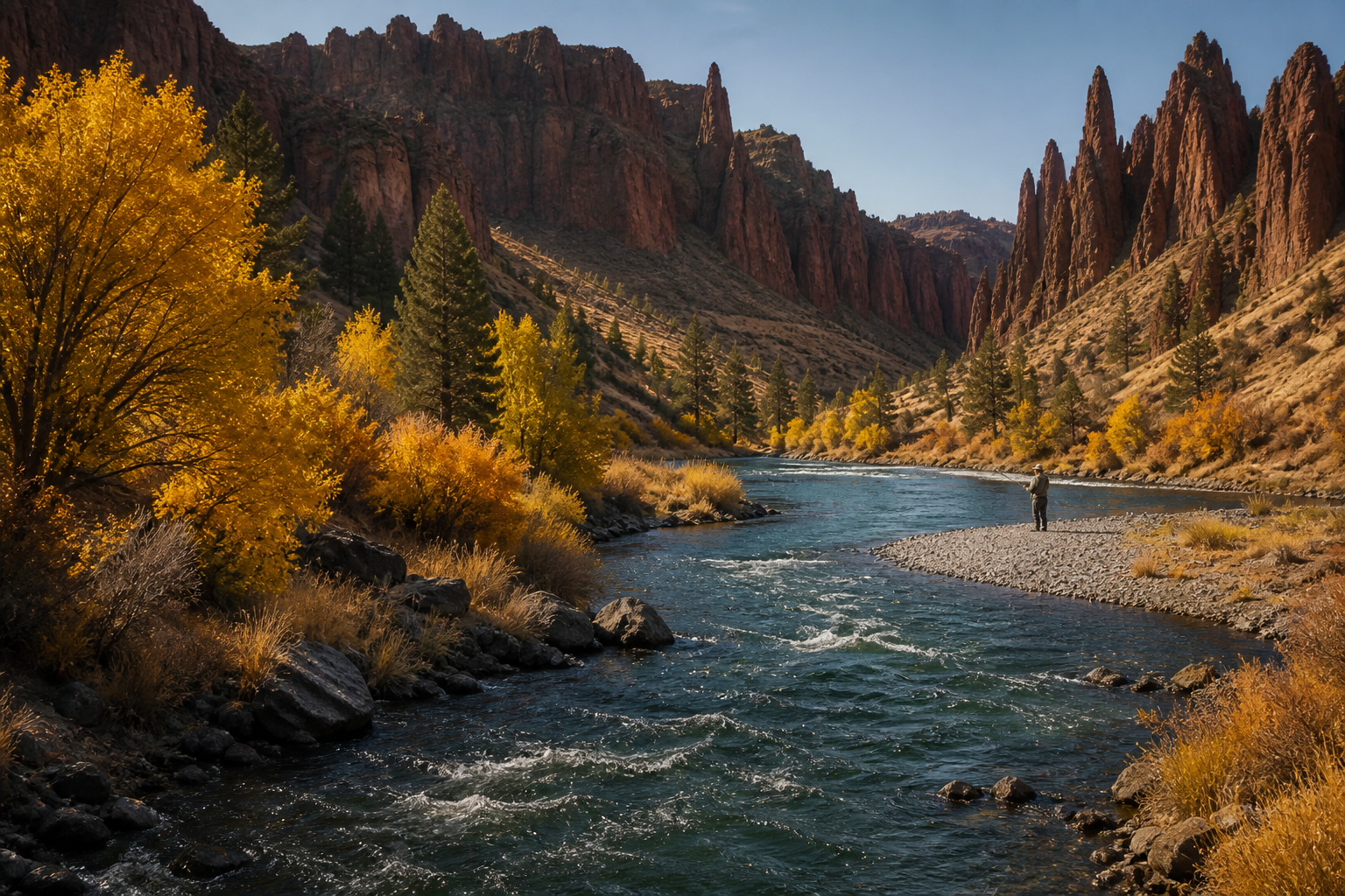 Rainbow trout water beside a high-desert Idaho lake with pine shoreline