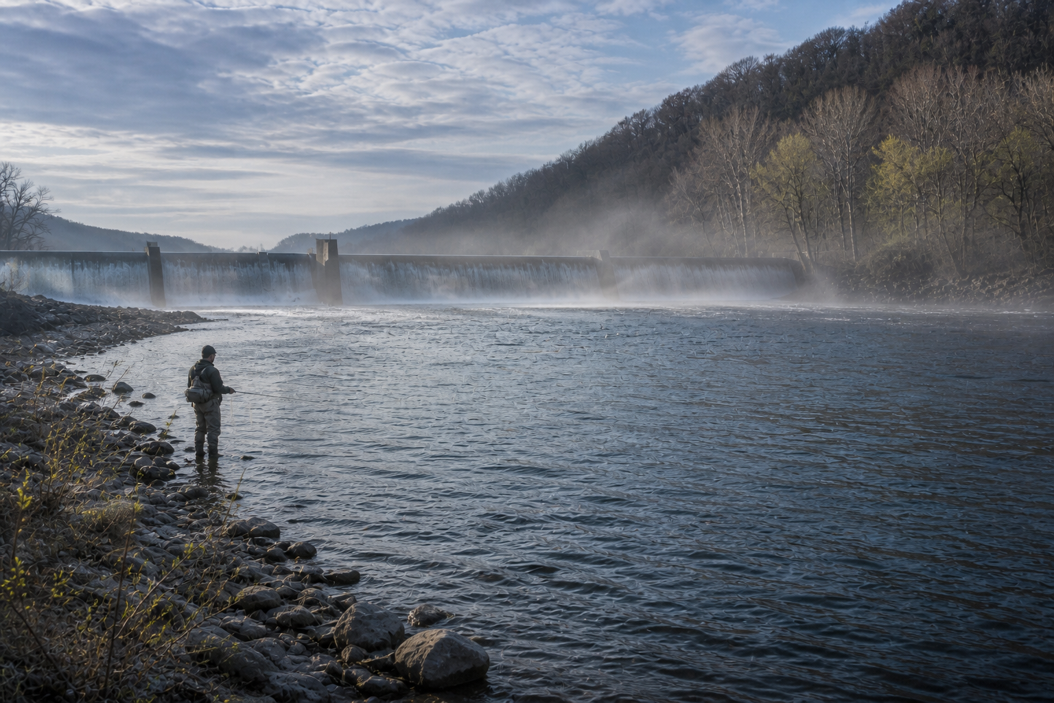 Oklahoma tailwater below a dam with clear river water, rocky banks, and a trout angler