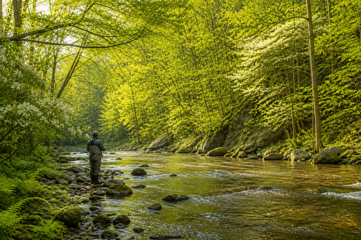 New Jersey wooded trout stream in autumn with a fly angler on a public bank