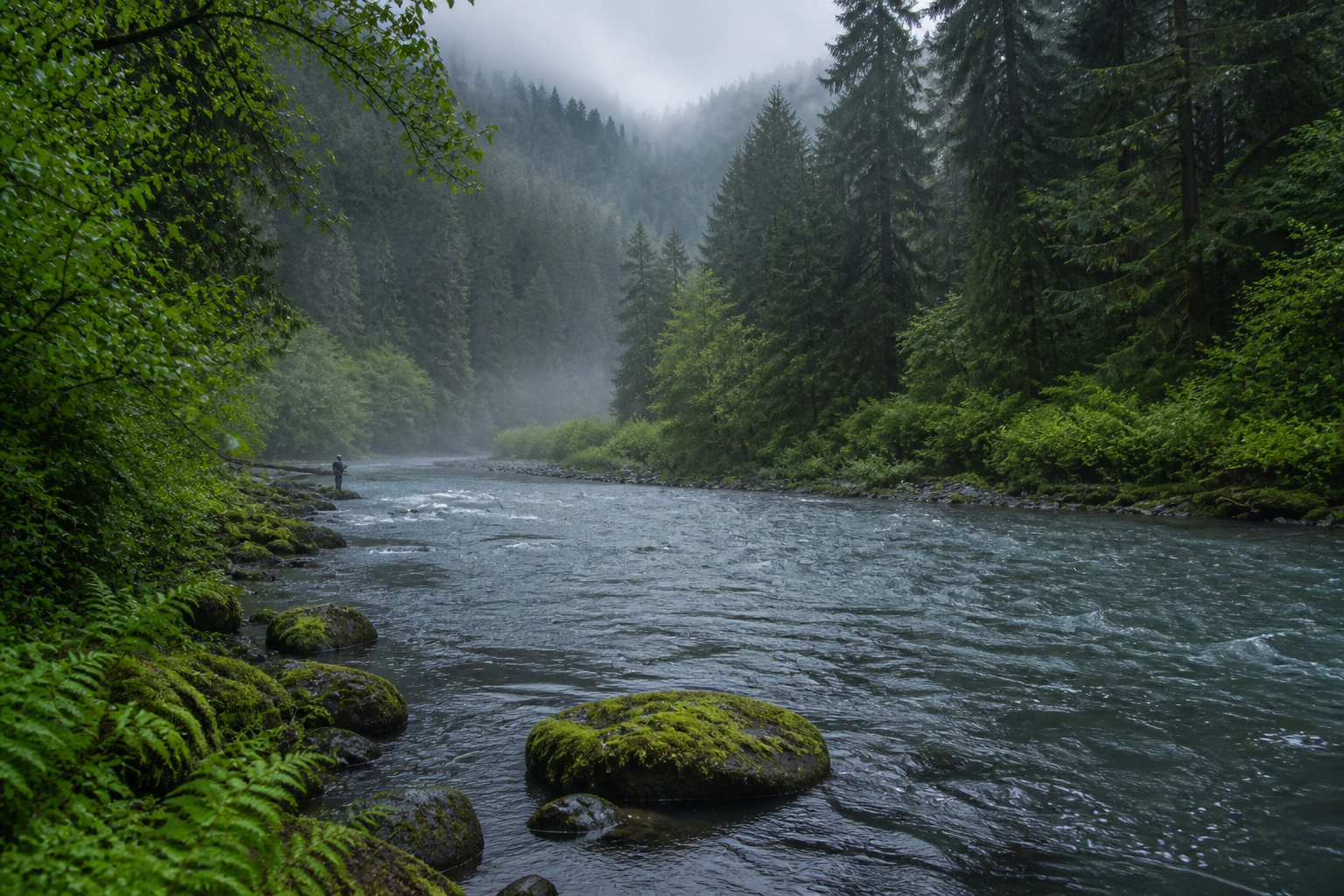 Oregon river bend with evergreen forest and a bank angler holding a light rod