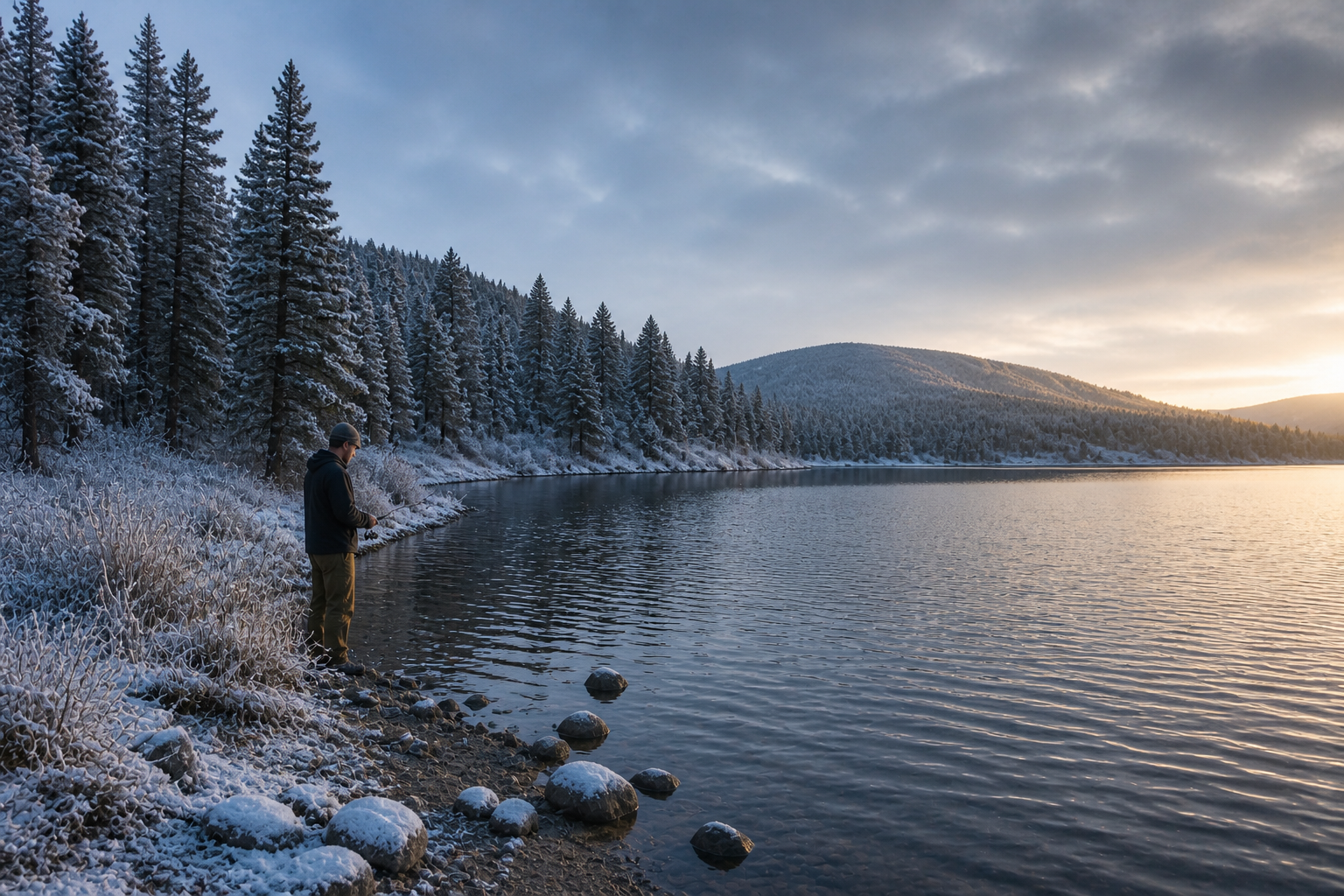 Angler checking a phone beside a calm public lake with a spinning rod