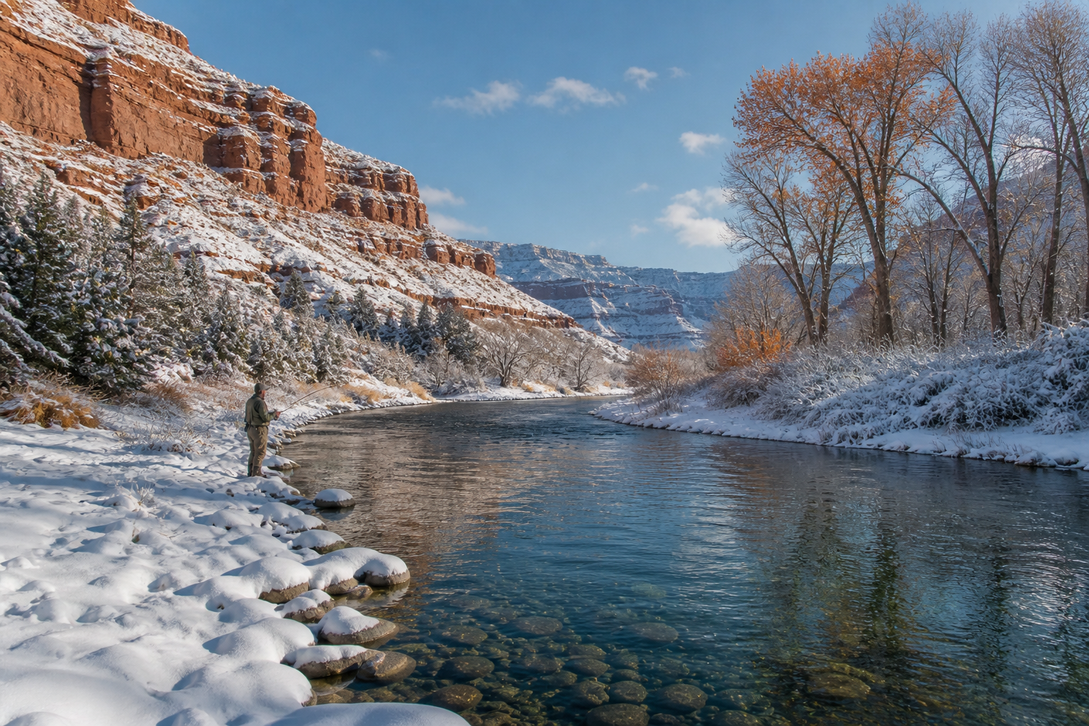 High desert Utah fishing lake with a trout angler and red rock hills