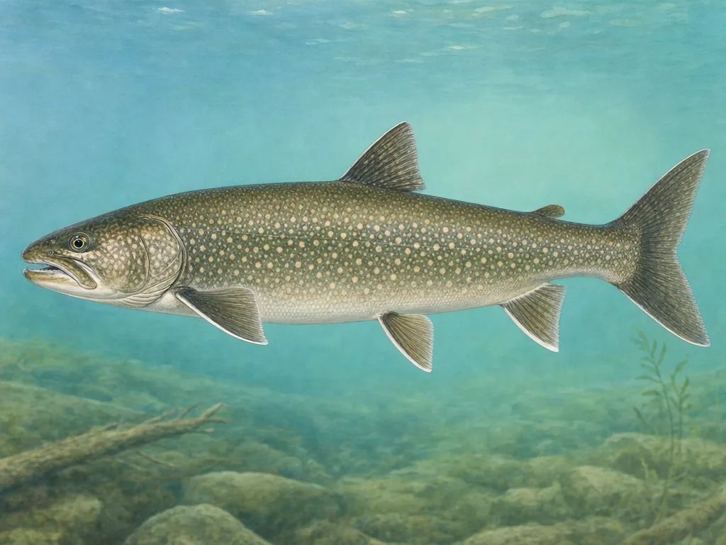 Natural-history illustration of a lake trout with pale spots and a deeply forked tail