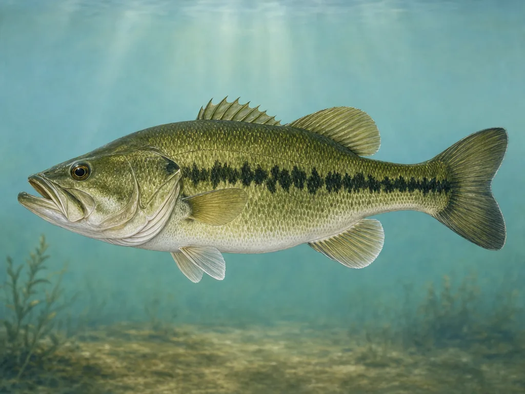 Natural-history illustration of a green largemouth bass with a dark side stripe and large jaw