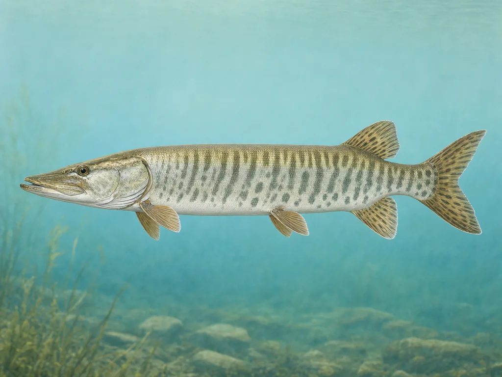 Natural-history illustration of a long muskellunge with dark bars and a pointed snout