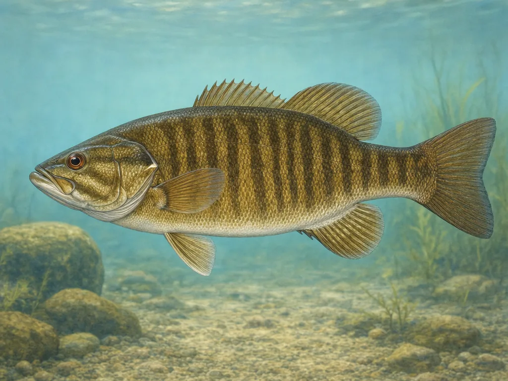 Natural-history illustration of a bronze smallmouth bass with vertical bars and a red eye