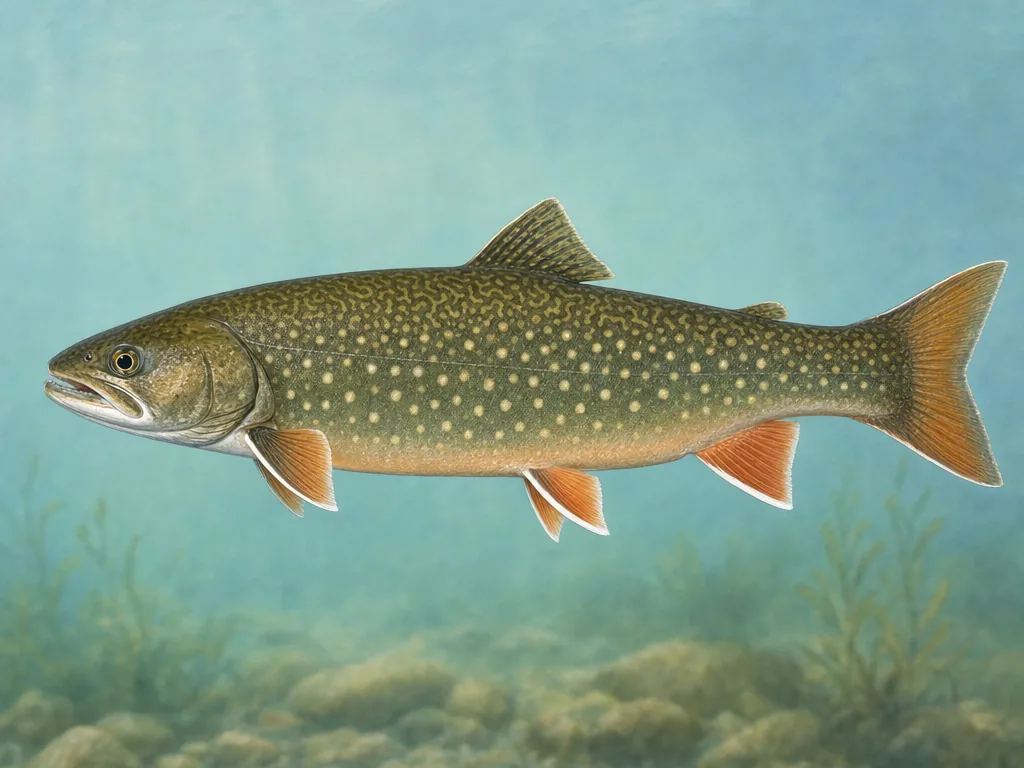 Natural-history illustration of a splake with pale spots, white-edged fins, and a forked tail