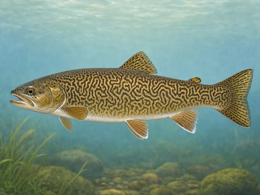 Natural-history illustration of a tiger trout with dense maze-like markings