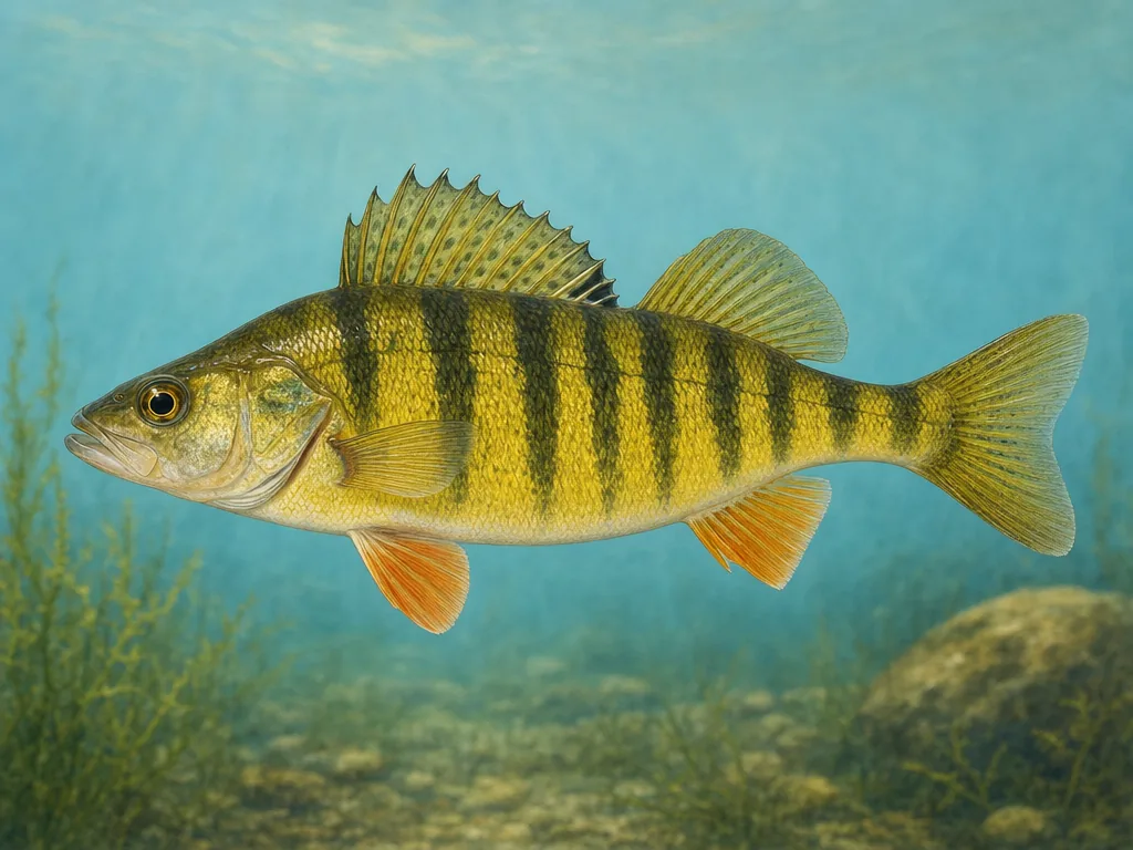 Natural-history illustration of a yellow perch with dark bars and orange lower fins