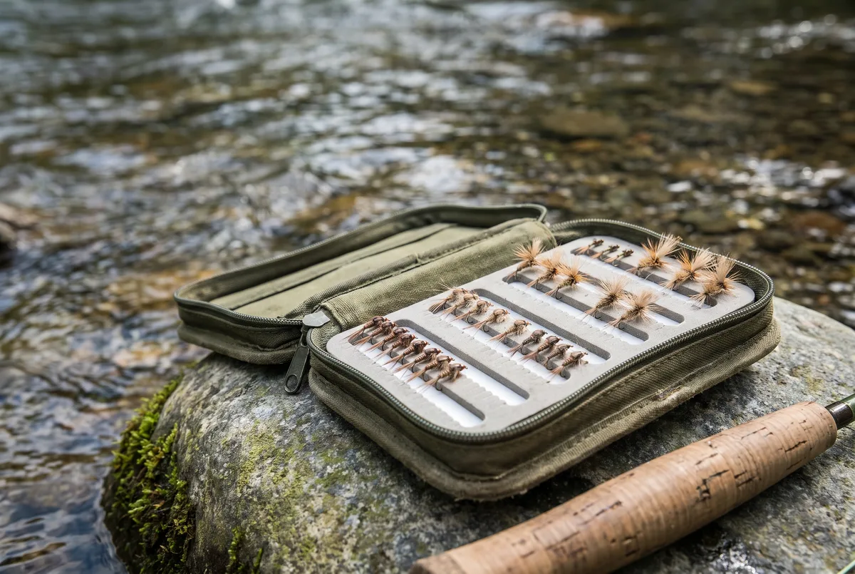 An open box of artificial trout flies on a streamside rock beside a cork fly rod handle
