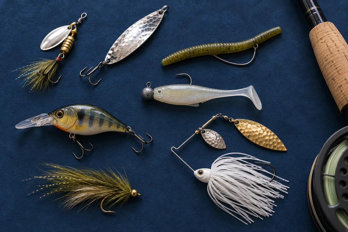 A selection of metal, hard-bodied and soft plastic freshwater fishing lures on a navy tackle mat