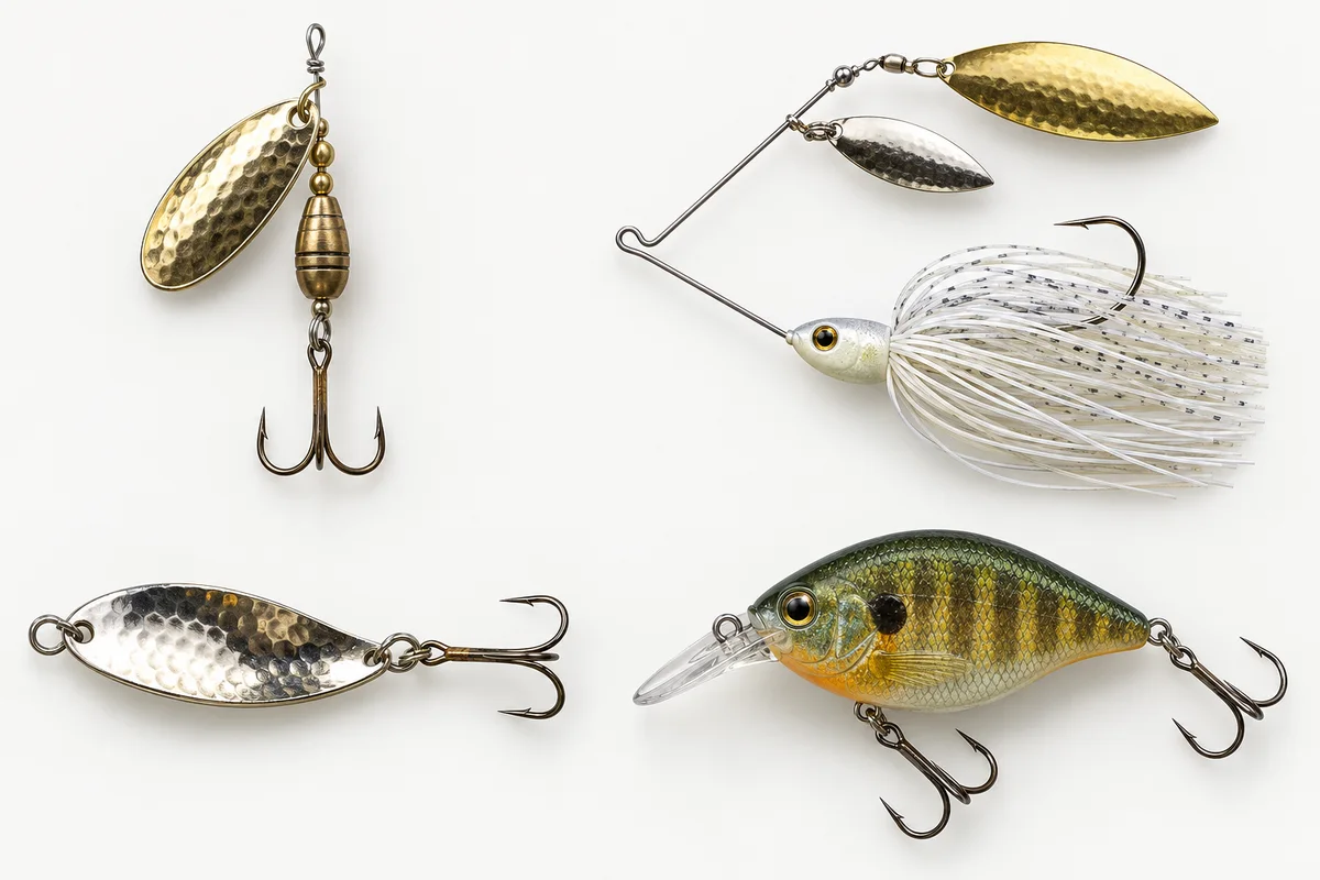 Four illustrative lure silhouettes: inline spinner at top left, wire-arm spinnerbait at top right, spoon at bottom left and diving crankbait at bottom right
