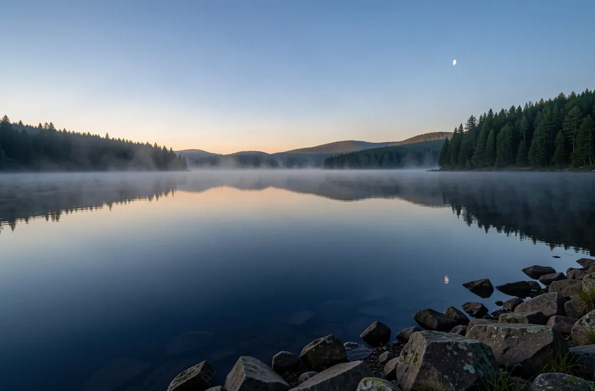 A small moon above a misty lake and wooded shoreline at dawn
